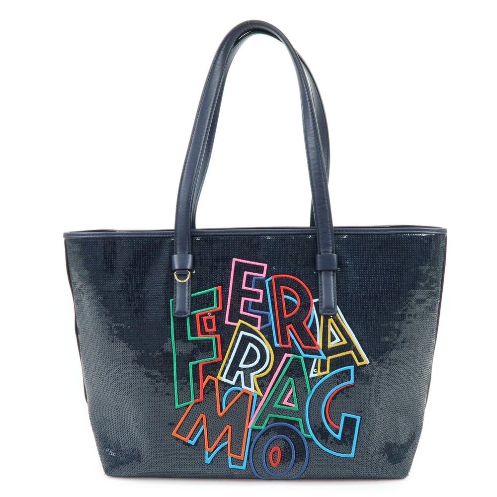 Ferragamo Gancini Sequin Leather Tote Navy